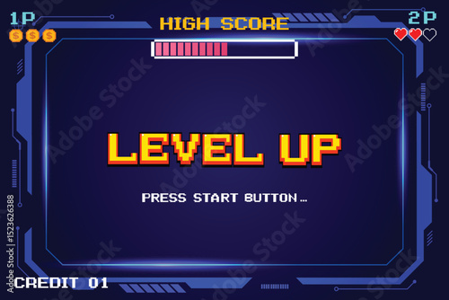 LEVEL UP. pixel art .8-bit game. Retro Futurism Sci-Fi Background. glowing neon grid. and stars from vintage arcade computer games	