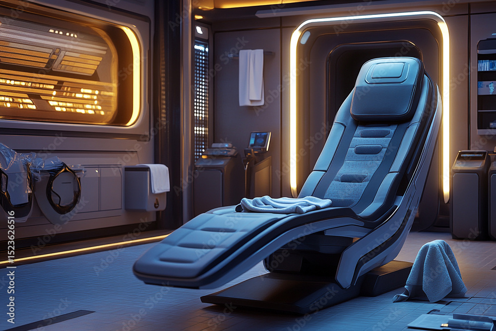 Obraz premium A high-end sports training facility with a luxurious lounge area featuring a futuristic design. The scene shows an empty high-performance chair with sports gear and a towel neatly placed beside it, 