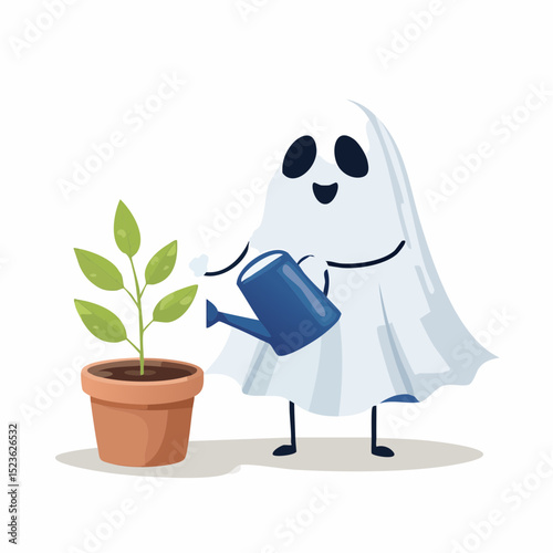 A helpful ghost caring for plants, great for Halloween gardening themes or eco-friendly décor