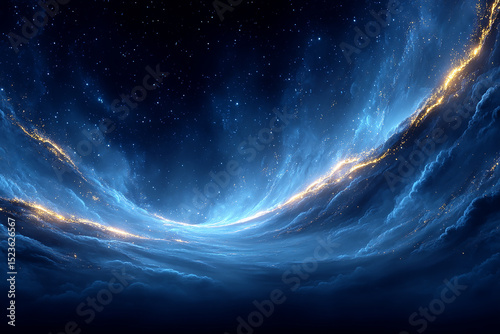 Dreamy Nebula with Flowing Light Trails in Blue and Gold Colors on Dark Background