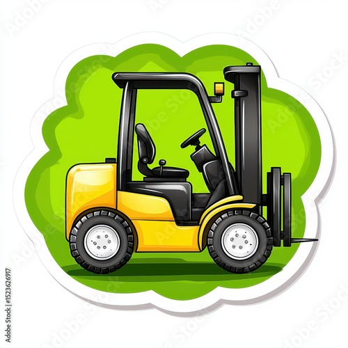 Illustration of a bright yellow and black forklift with detailed tires, seat, and steering wheel, set against a green cloud background and surrounded