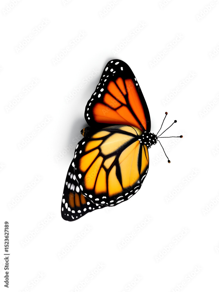 Fototapeta premium Macro of Monarch butterfly isolated on white background, top view