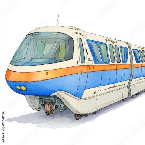 Watercolor illustration of a streamlined train, predominantly blue and orange, on a white background. The train is depicted in a three quarter view