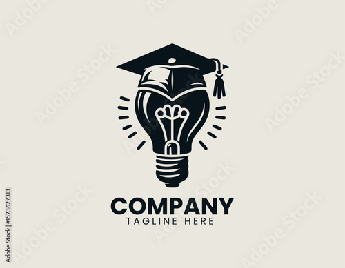 Bright Stylized Light Bulb Adorned with Classic Graduation Cap Vector Logo Design