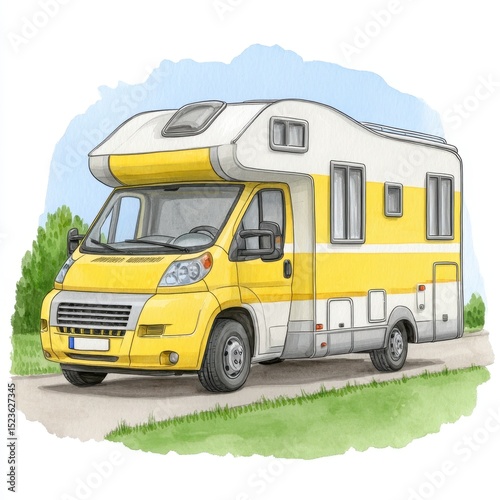 Wallpaper Mural Yellow and white camper van illustration on a sunny day. Watercolor style, parked on a road with green grass Torontodigital.ca