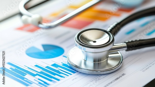 Healthcare analysis stethoscope and data charts medical environment informative viewpoint insights on health trends