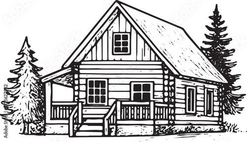 Cozy cabin sketch with stone fireplace, great for rustic home or wilderness adventure visuals