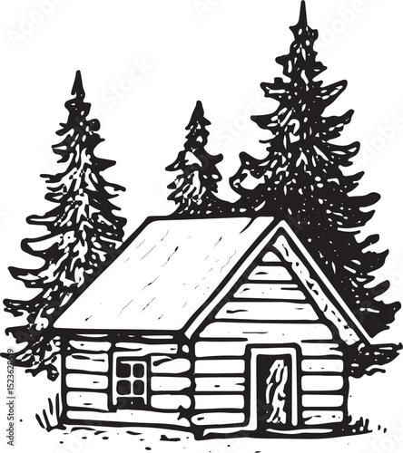Rustic cabin illustration with windows and trees, ideal for woodland or retreat-themed creative projects