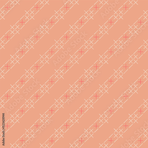diagonal lines from hand drawn stripes and crosses. peach color repetitive background. vector seamless pattern. folk decorative art. geometric fabric swatch. wrapping paper. textile design template