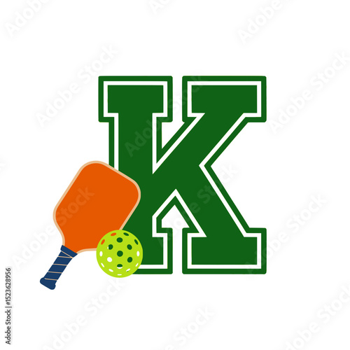 Pickleball paddle and ball with varsity K, Orange pickleball paddle and neon green ball with dark holes positioned in front of a bold varsity-style green letter K on light background.

