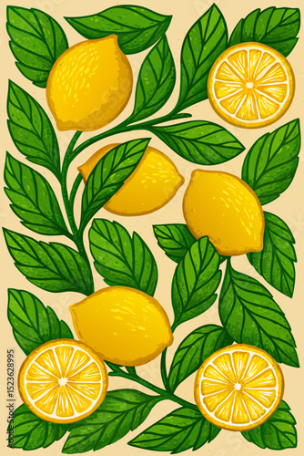Fresh and vibrant illustration featuring whole lemons, lemon slices, and lemon wedges arranged with lush green leaves. The bright yellow citrus fruits contrast beautifully with the greenery, capturing