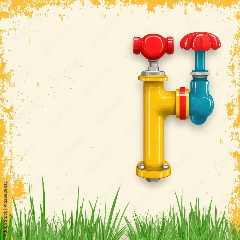 Fototapeta premium A whimsical illustration of a stylized water valve in yellow, blue, and red against a textured beige background with green grass at the bottom
