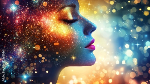 Cosmic self-discovery portrait of a woman celestial background digital art surreal environment side view inner peace