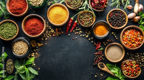 Fototapeta Naklejka Na Ścianę i Meble -  Vibrant spice arrangement culinary kitchen food photography colorful ingredients overhead view flavor exploration