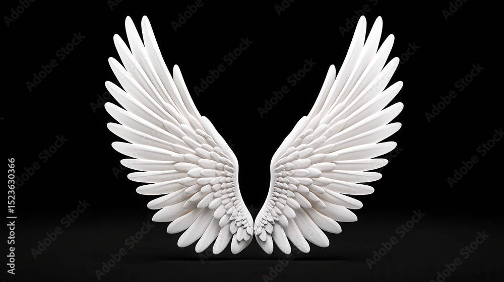 Fototapeta premium Pair of white, geometric angel wings on a black background. Detailed, textured feathers create a three dimensional effect
