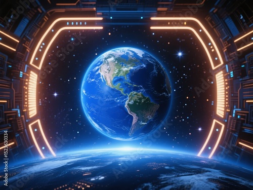 Earth View from a Futuristic Space Station