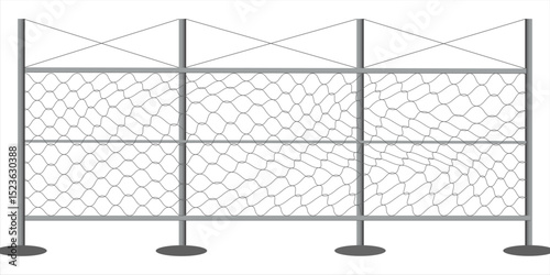Metal fence with barbed wire. Rabitz grid isolated on white background. Secured territory. Protected area or prison fencing. Vector stock