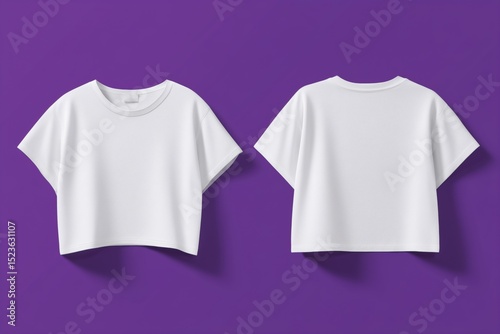 A flat lay of a white cropped t-shirt mockup from the front and back against a purple background. The shirt has short sleeves and a simple design, ideal for casual wear.