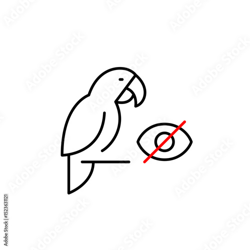 Vector icon of parrot with crossed-out eye, symbolizing hidden pet status, privacy mode, or invisible monitoring. Ideal for pet apps, smart devices, and privacy settings