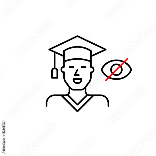 Vector icon of man in graduation cap with crossed-out eye, symbolizing private achievement, hidden education, or confidential credentials. Ideal for education apps, professional profiles, and privacy 