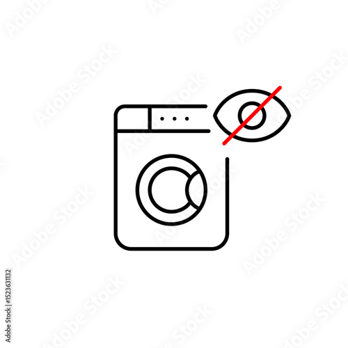 Vector icon of washing machine with crossed-out eye, symbolizing hidden laundry, private settings, or invisible appliance status. Ideal for smart home apps, appliance controls, and privacy features