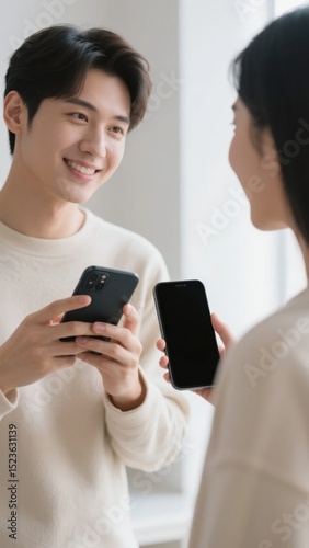 Two individuals engaging in a conversation while holding smartphones