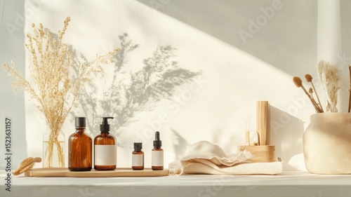 Sustainable autumn skincare setup in warm cozy atmosphere with natural cosmetics and dried flowers