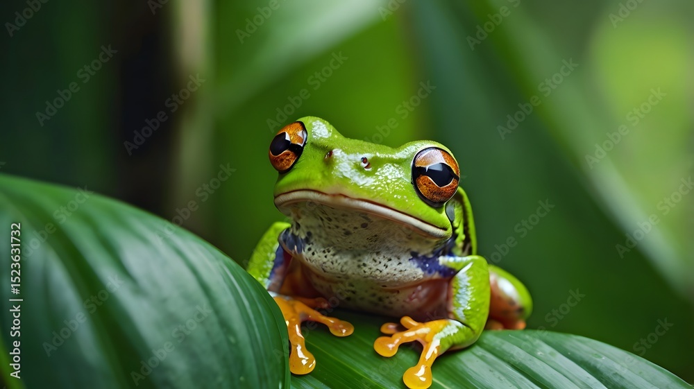 Fototapeta premium Bright Tree Frog on a Leaf in the Rainforest
