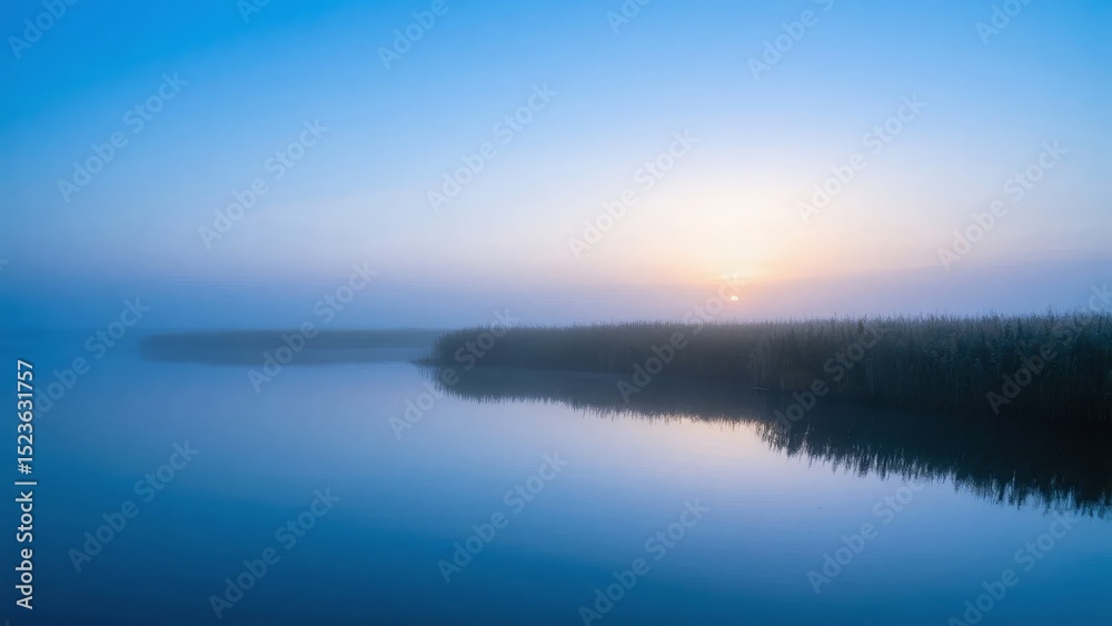 Sunrise Over a Calm Lake with Foggy Forest Reflection Sunrise Over a Calm Lake with Foggy Forest Reflection