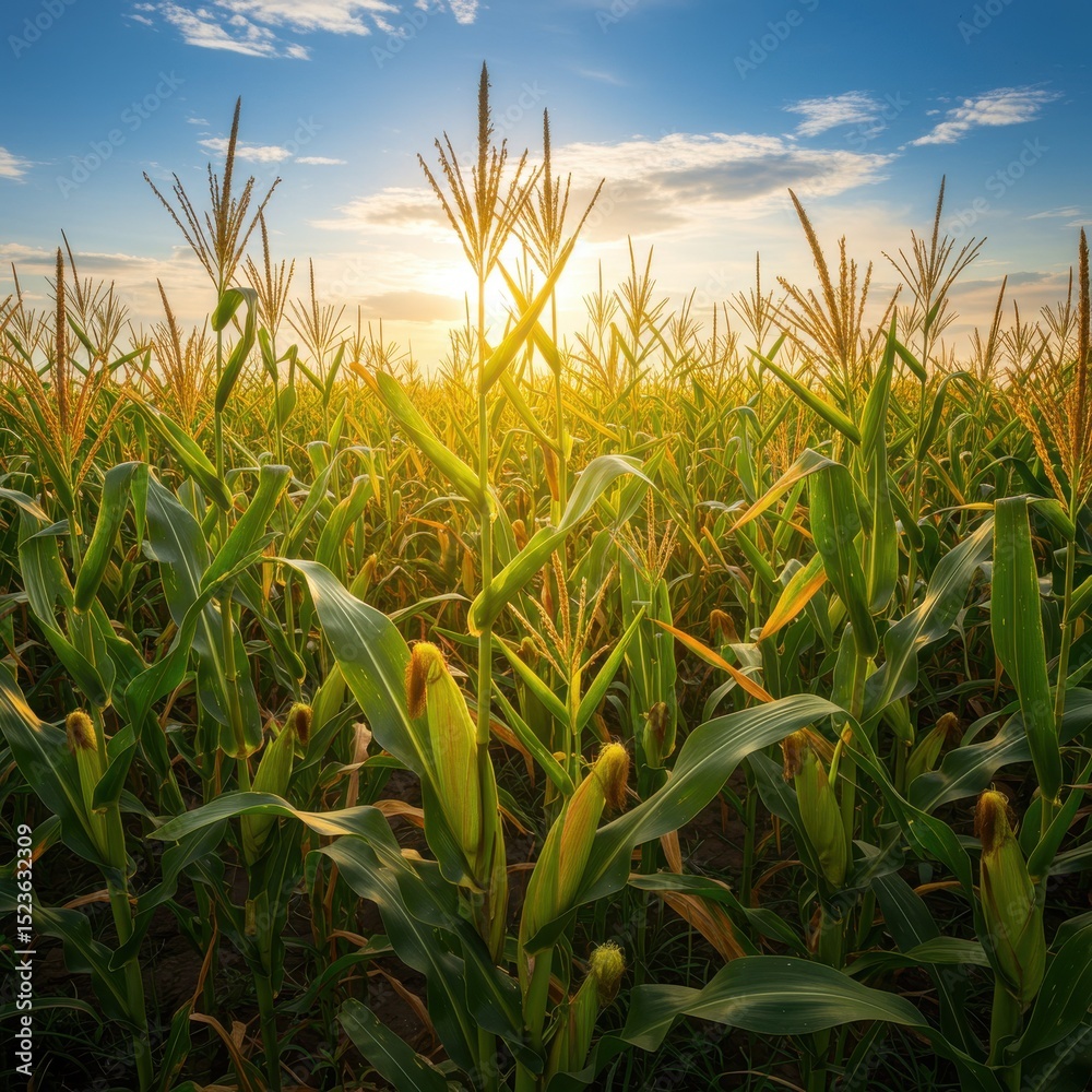 Obraz premium Golden Sunrise Over Cornfield with Lush Green Stalks and Sky