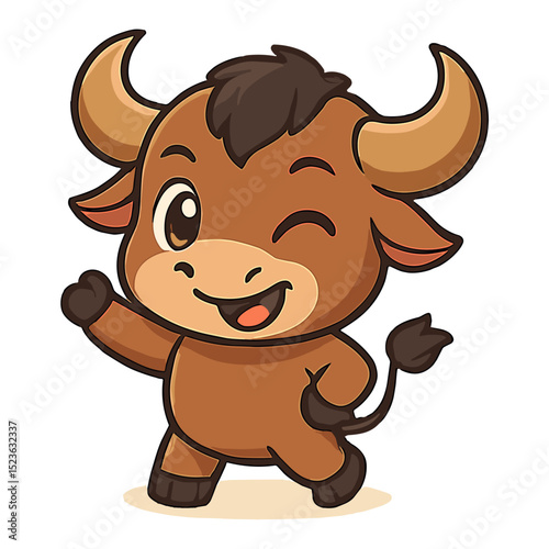 Cute bull cartoon buffalo winks raising one hand