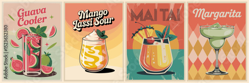 Set of summer exotic cocktail posters in retro mid-century modern style. Features Guava Cooler, Mango Lassi Sour, Margarita, and Mai Tai. Colorful vintage drink illustrations