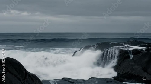 Ocean waves crashing against dark rocks under a cloudy sky creating a dramatic seascape scene
