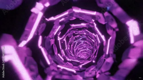 Blue illuminated tunnel with repeating geometric shapes creating a vortex effect view