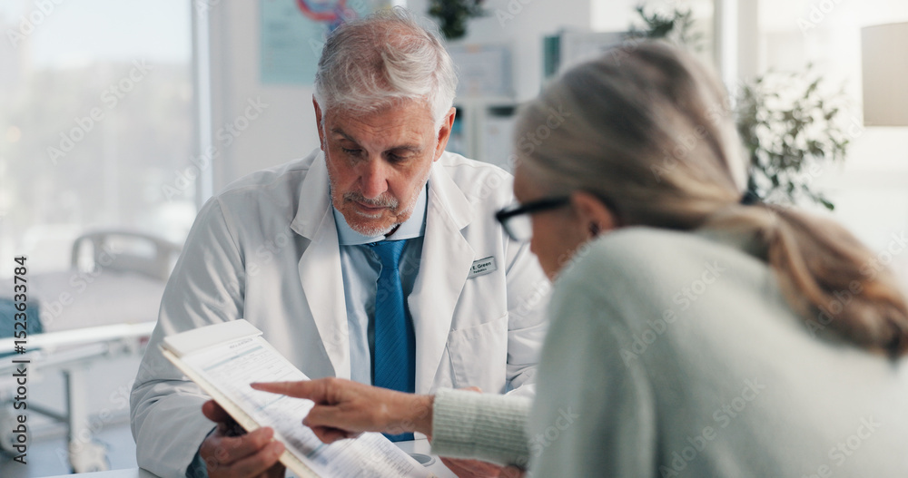 Fototapeta premium Doctor, man and woman with document for medical aid, life insurance or application in clinic. People, healthcare employee and clipboard with form, survey or paperwork for registration or service