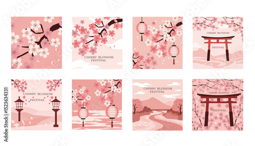 Cherry Blossom Festival Vector Illustration Set