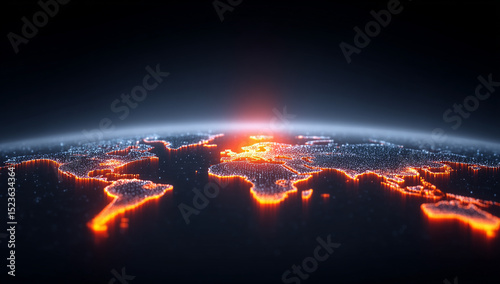 Global Network Map Of Earth At Sunrise With Glowing City Lights