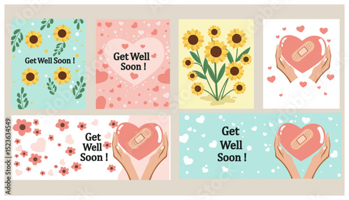Cute Get Well Soon Card Vector Template Set - Cheerful Designs