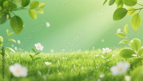 Vibrant Spring Scene with Green Grass, White Flowers, and Fresh Leaves