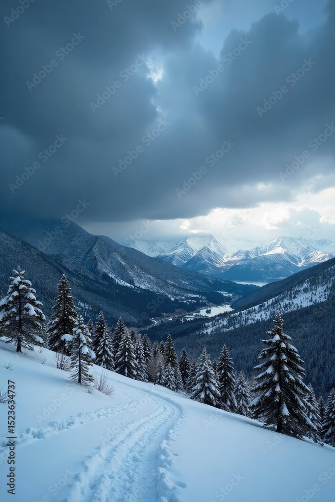 Fototapeta premium A powerful Colorado storm rolls in, dark clouds fill the sky, heavy snow begins to fall, obscuring distant mountains Wind whips through the landscape, creating a dramatic winter scene , sky, wind