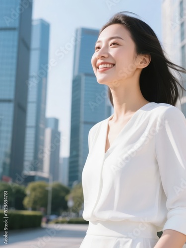A woman in a white dress smiles outdoors with modern buildings in the background.