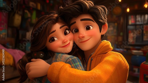 Animated Couple Hugging with Room Setting.