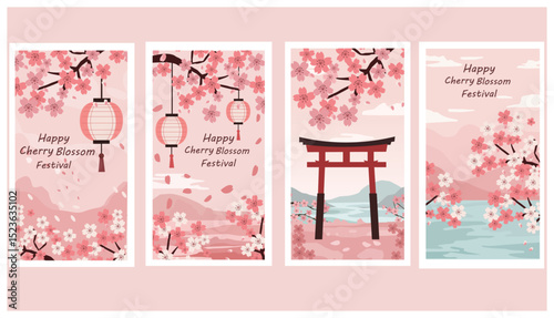 Four Serene Cherry Blossom Festival Illustrations with Japanese Elements
