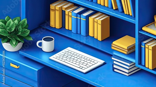 Blue Desk with Books, Coffee, and Keyboard.