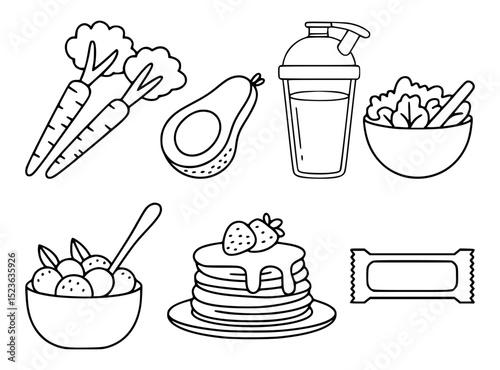Healthy food icons outline illustration showing variety of fresh fruits and vegetables
