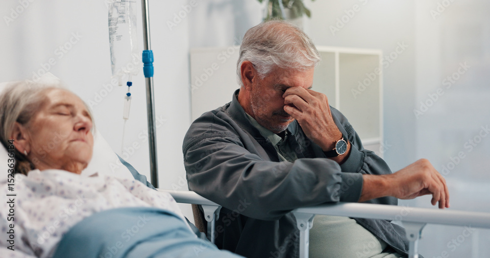 Obraz premium Senior couple, sick and stress by hospital bed for cancer diagnosis, tired or headache. Disease, sad man and woman in clinic with terminal illness, medical healthcare and worry for surgery recovery