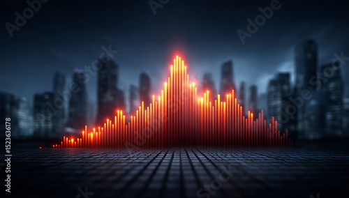 Glowing Orange Cityscape at Night with Abstract Digital Equalizer