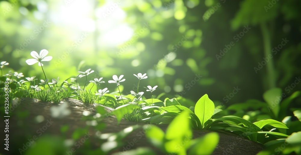 Obraz premium Sunlit wildflowers blooming in lush green forest ground level