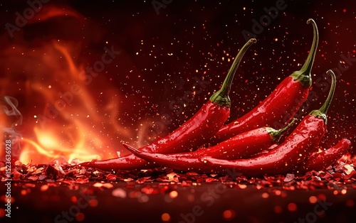 Fiery red chili peppers with glowing heat and sparks, representing bold flavor and intense spiciness in culinary design. photo