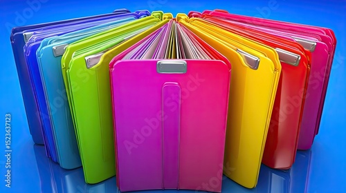 Colorful notebooks with fan shape, and blue background.
